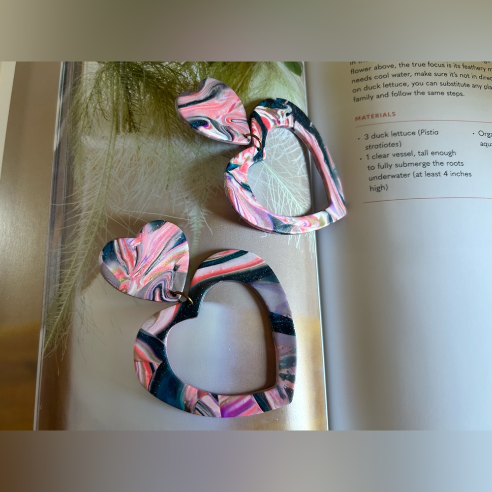 Large Cosmic Swirl Handmade Heart Shaped Statement Earrings